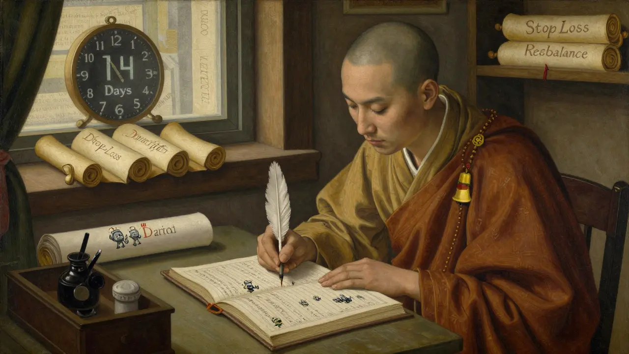 Монах ведёт учёт портфеля вручную, рядом — символы автоматизации и ребалансировки.