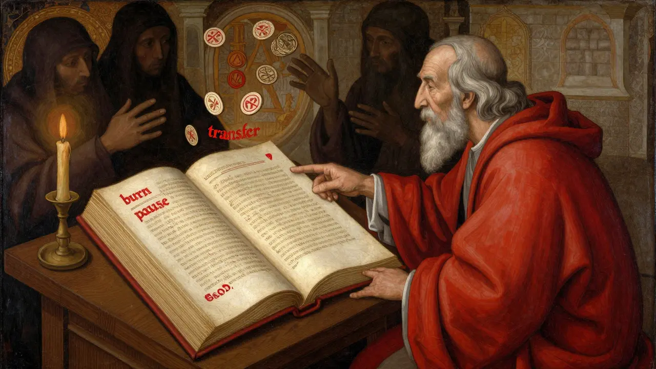 Мудрец указывает на уязвимый смарт-контракт, тени тянутся к токенам, освещённый пергамент с предупреждениями.