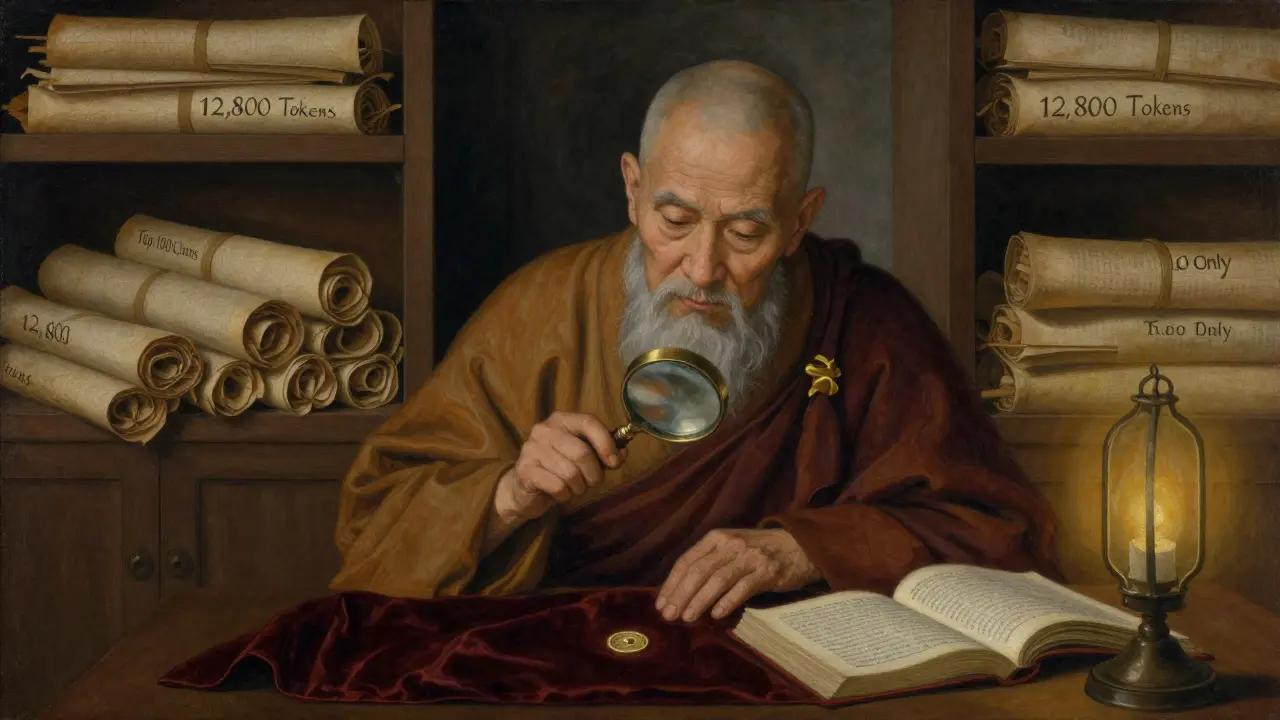 Мудрый монах рассматривает одну золотую монету, вокруг — полки с пыльными свитками, обозначающими тысячи исчезнувших токенов.
