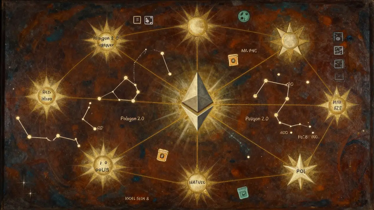 Небесная карта с узлами блокчейна, где одна звезда превращается из MATIC в POL, окружённая связанными потоками токенов и символов приложений.
