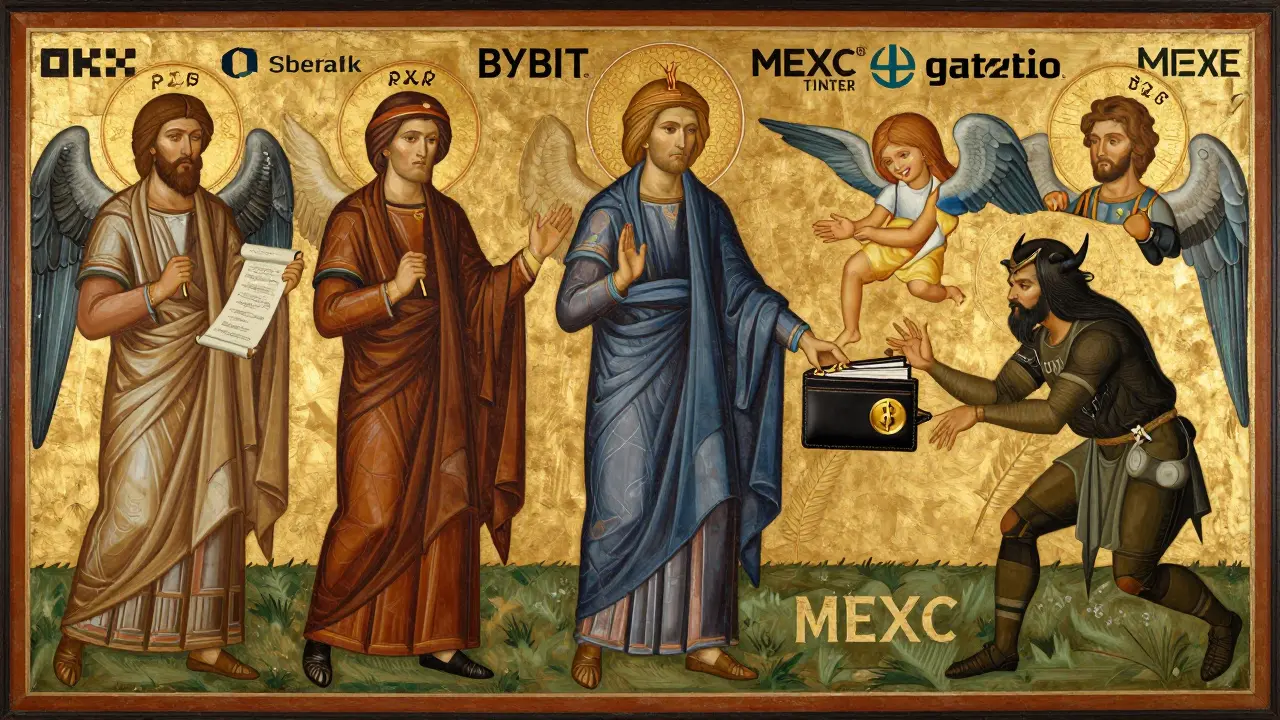 Пять икон, изображающих криптобиржи, с блокчейн-гало и логотипами банков в стиле русской иконописи.