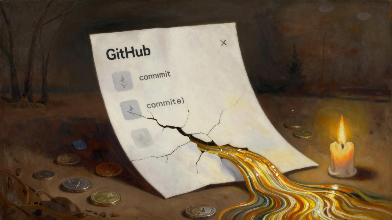 Потускневший белый бумажник над бездействующим GitHub, в то время как живой поток кода Ethereum светится рядом.