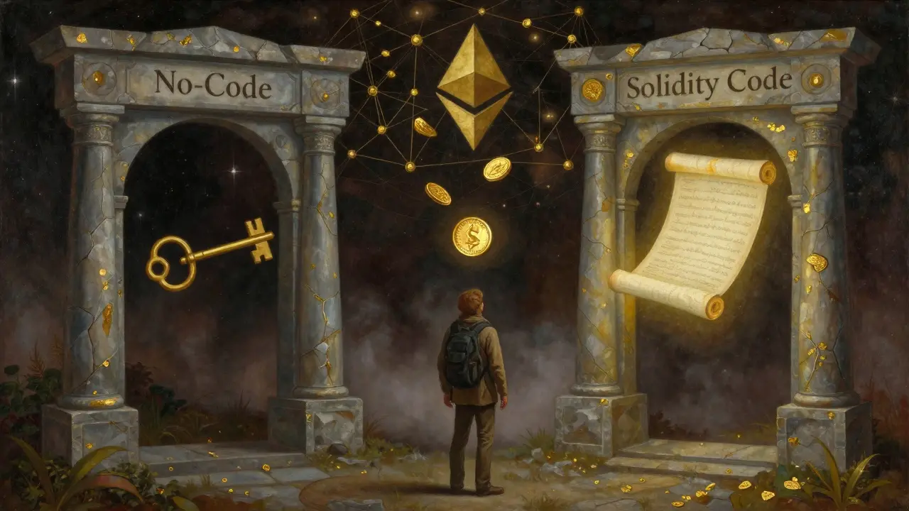 Путешественник стоит перед двумя порталами: один — без кода, другой — с кодом Solidity, вокруг — золотые токены.