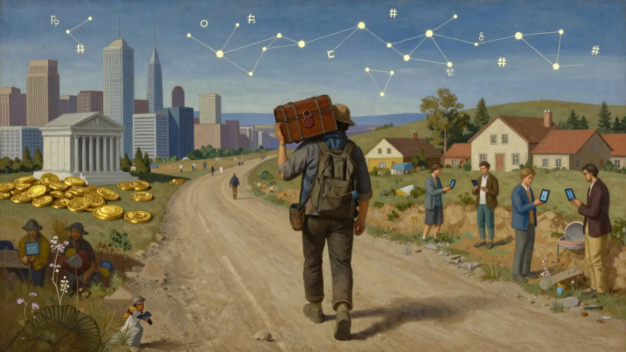 Путник несёт холодный кошелёк, а за ним — два мира: традиционные банки и цифровые транзакции в деревне.