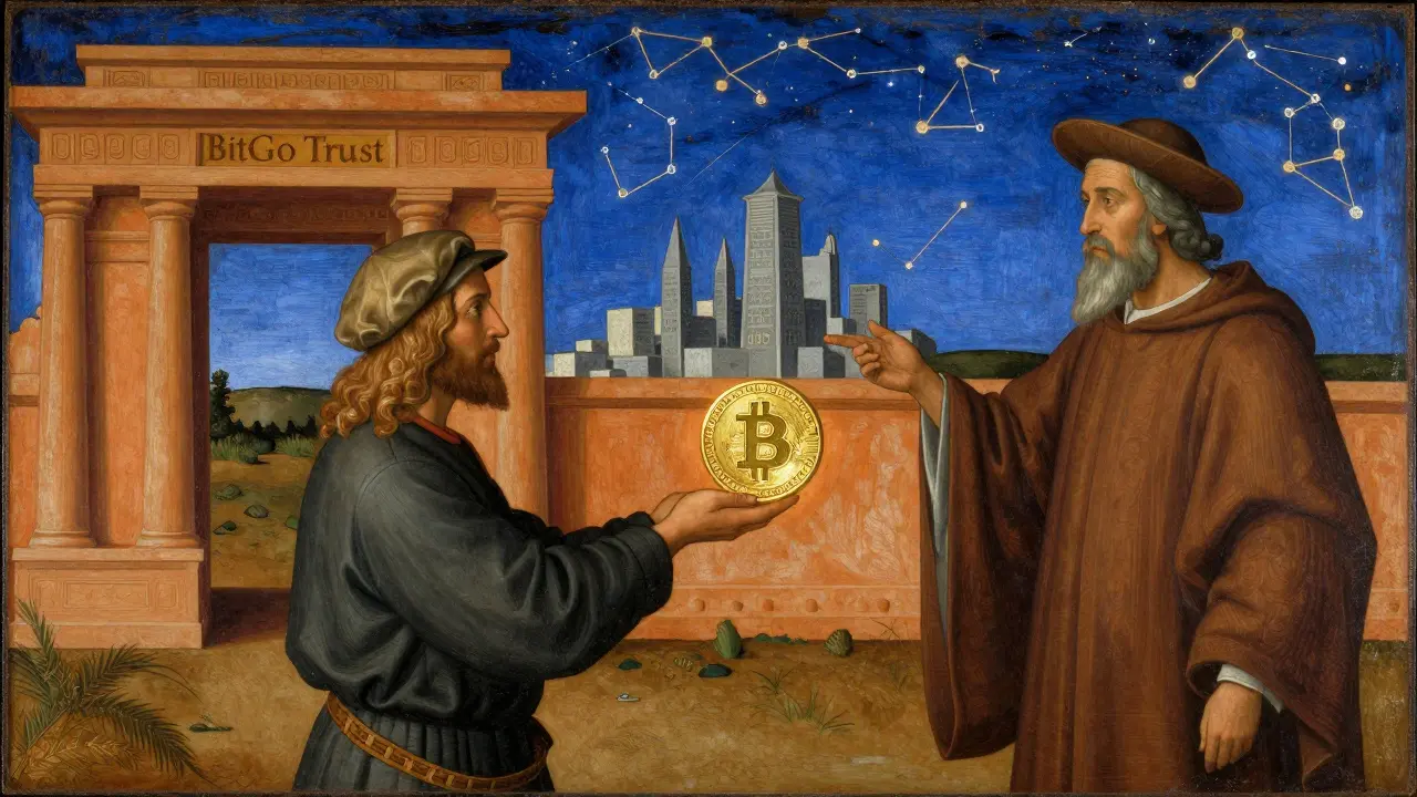 Путник передает биткойн купцу у храма BitGo, в то время как токен WBTC направляется к городу Ethereum.