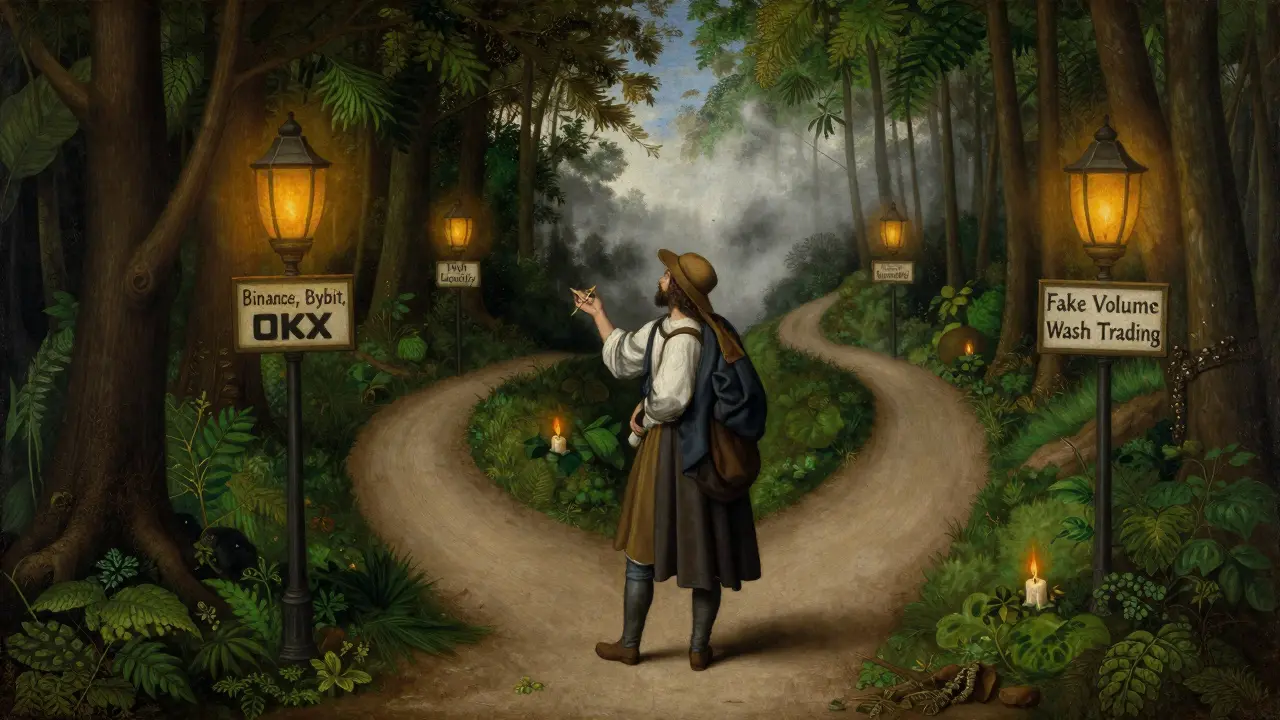 Путник стоит на перекрестке: один путь освещен биржами, другой — туманом с фальшивыми объемами.