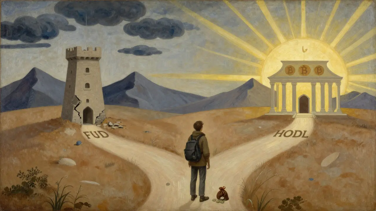 Путник стоит на перекрестке: один путь ведет к разрушенной башне FUD, другой — к храму HODL.