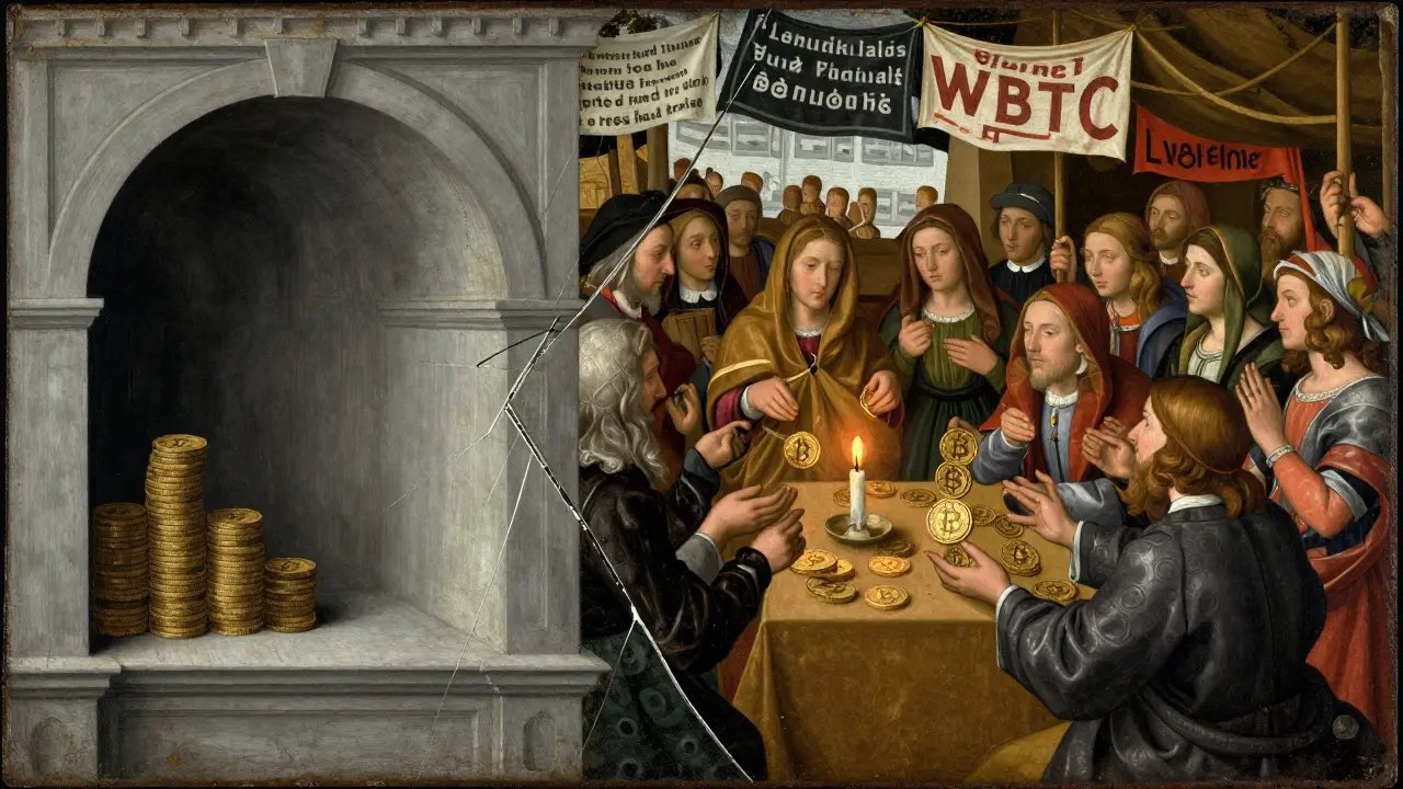 Разбитое зеркало показывает два мира: скрытые биткойны и оживленный рынок WBTC под знаменами процентных ставок.