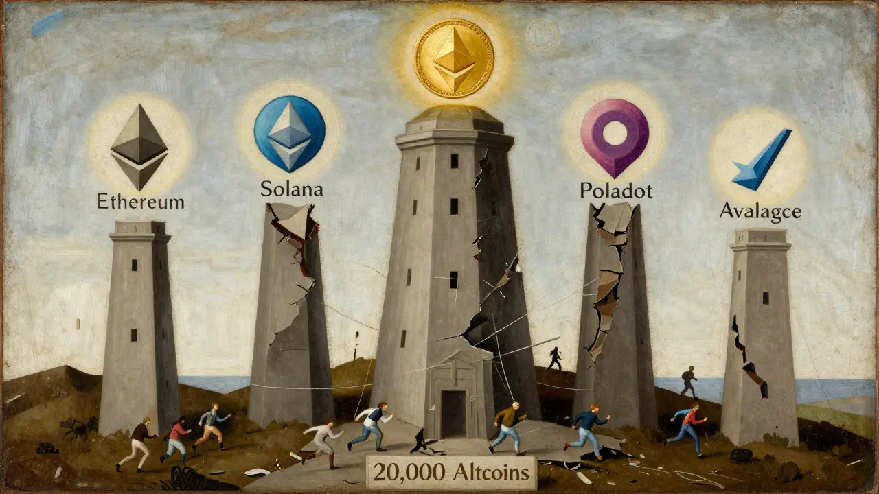 Разрушающаяся башня альткоинов, лишь пять устойчивых башен остаются, остальные обрушиваются под давлением времени.