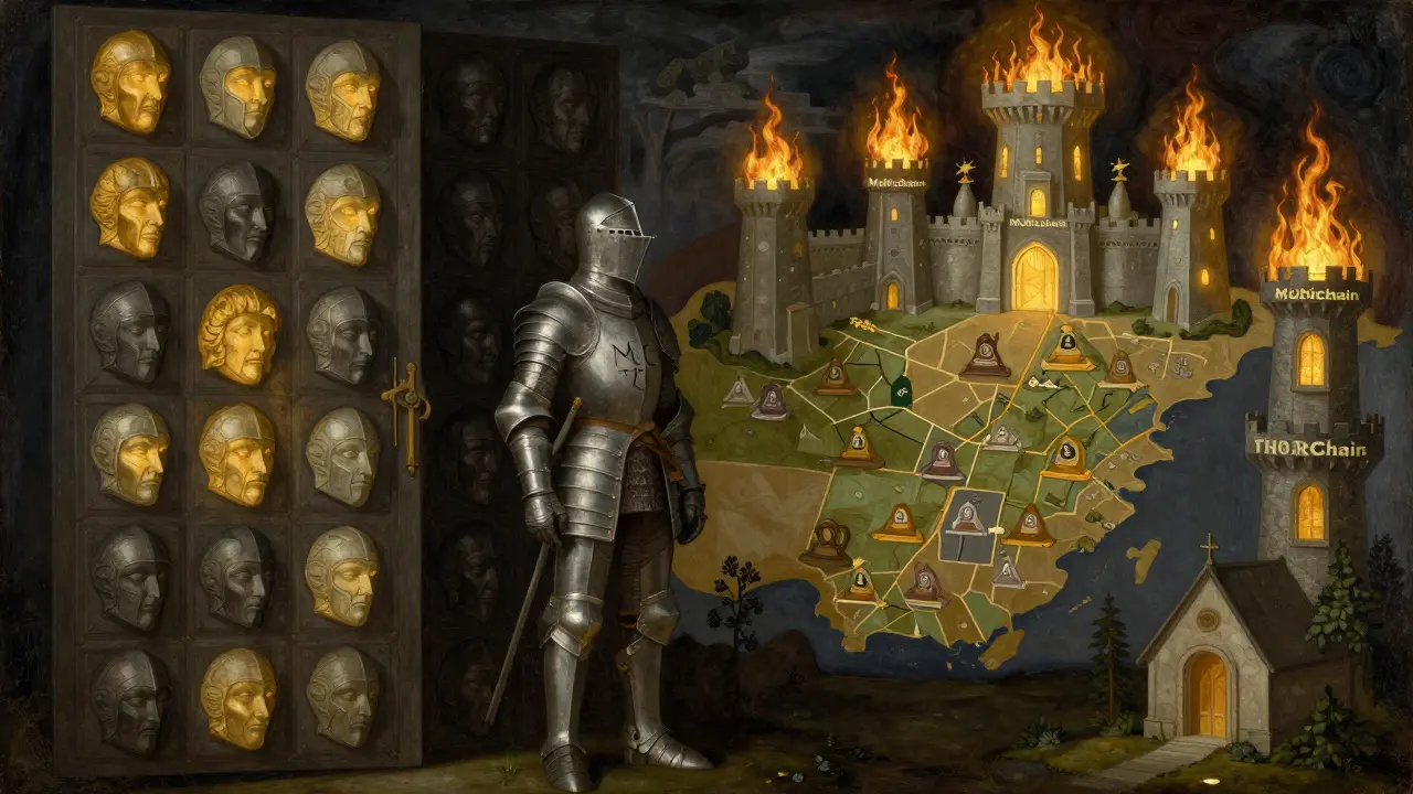 Рыцарь перед дверью, охраняемой 24 лицами, семь из которых погружены во тьму, вокруг — карта блокчейнов.
