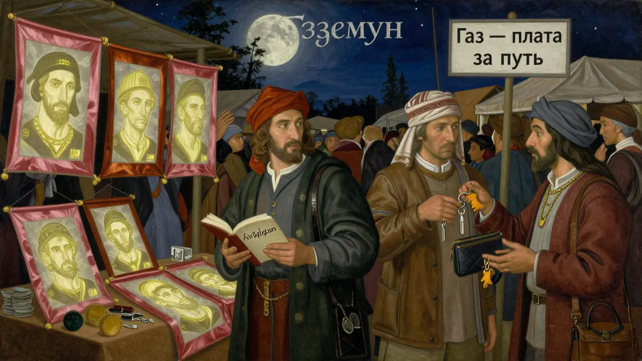 Рынок с торговцами NFT, айрдропом и знаком 'Газ', луна с надписью 'Туземун' на фоне.