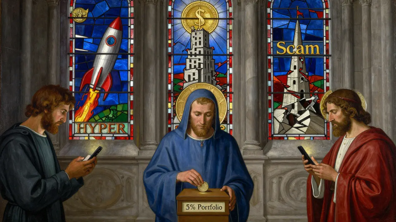 Собор с витражами, изображающими взлет и падение мем-коинов, паломник кладет монету в жертвоприношение.