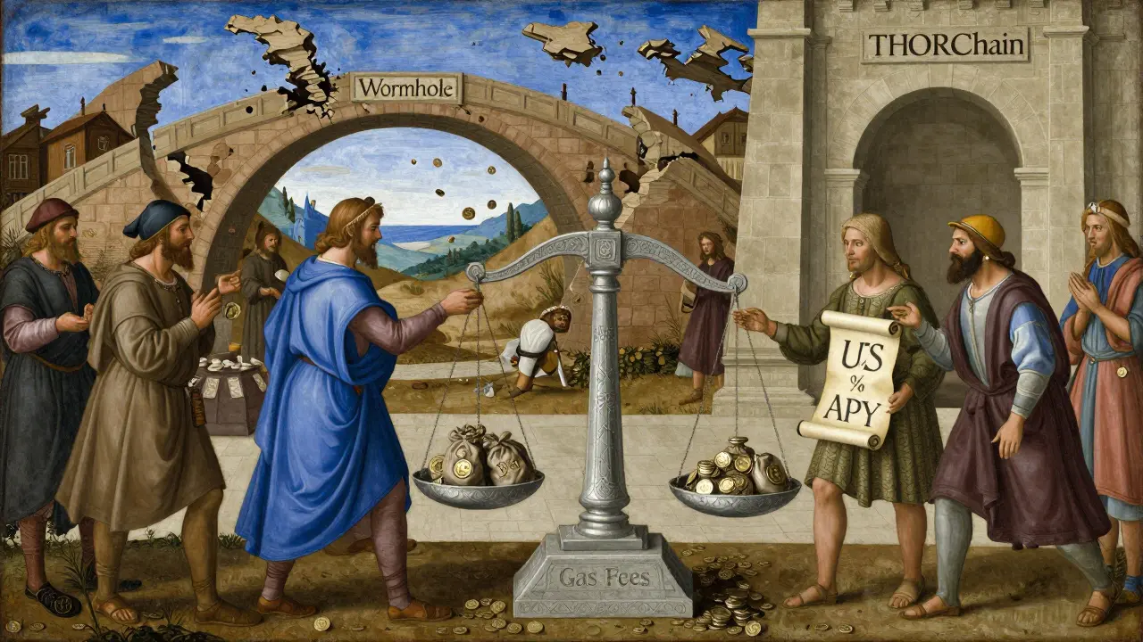 Средневековый рынок, где торговцы обменивают токены, а один мост рушится под тяжестью монет.