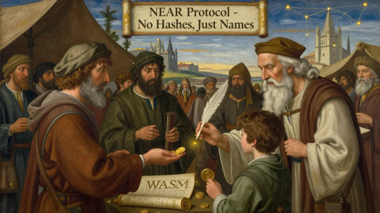 Средневековый рынок, где торгуют NFT на свитках, покупатели платят золотом, а мудрец учит юношу развертывать смарт-контракт.