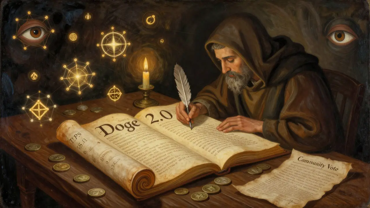 Старинная рукопись 'Doge 2.0' развернута на деревянном столе, монах пишет код, вокруг — символы блокчейна и ИИ.