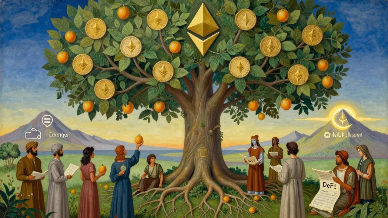 Темперная живопись: дерево Ethereum с плодами ETH и листьями stETH под сияющим небом.