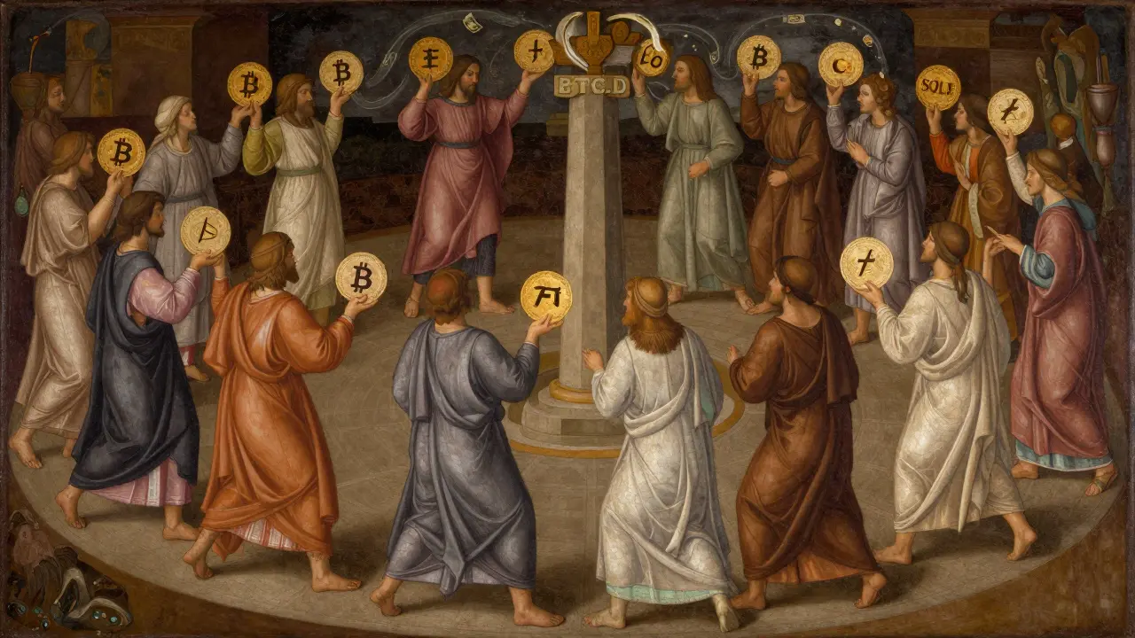 Темперная живопись: фигуры в ренессансных одеждах танцуют вокруг столба с маркировкой BTC.D.