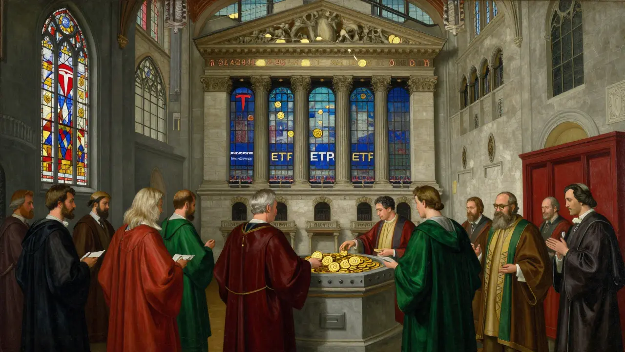 Темперная живопись: институциональные инвесторы кладут биткоины в сокровищницу, витражи с логотипами.