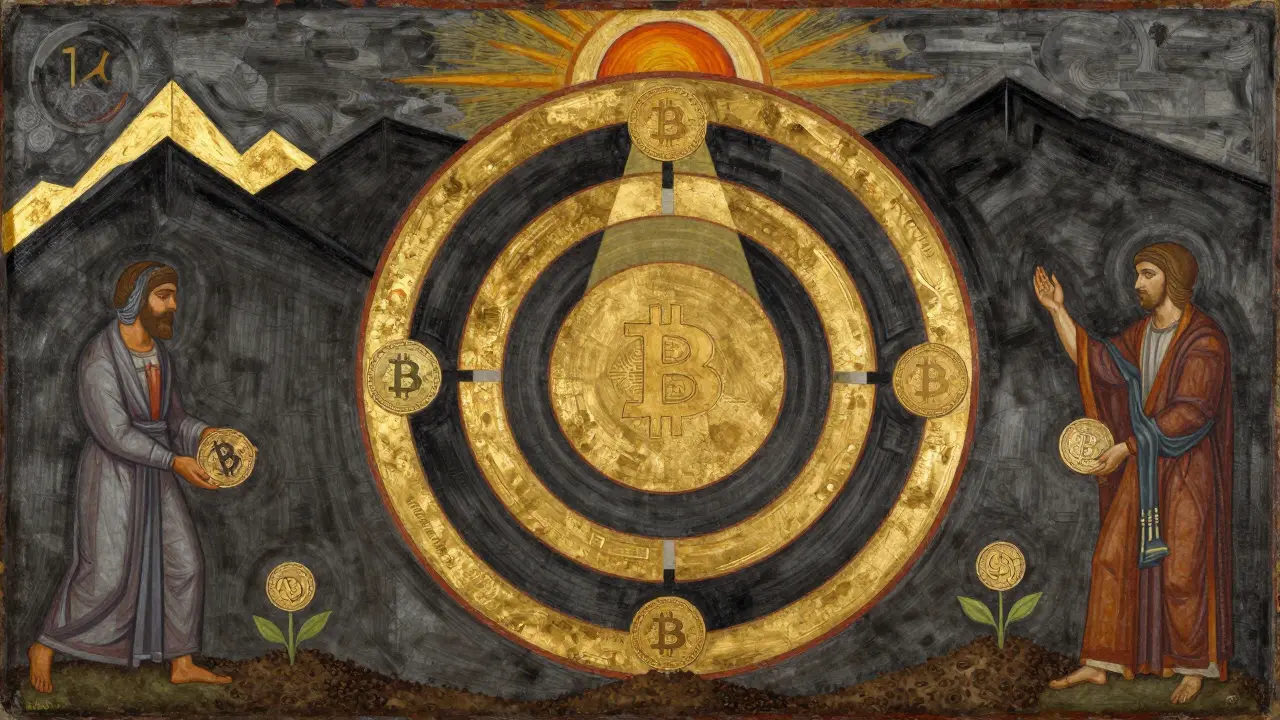 Темперная живопись: круговая мандала с четырьмя циклами халвинга, фигуры покупают и хоронят биткоины.