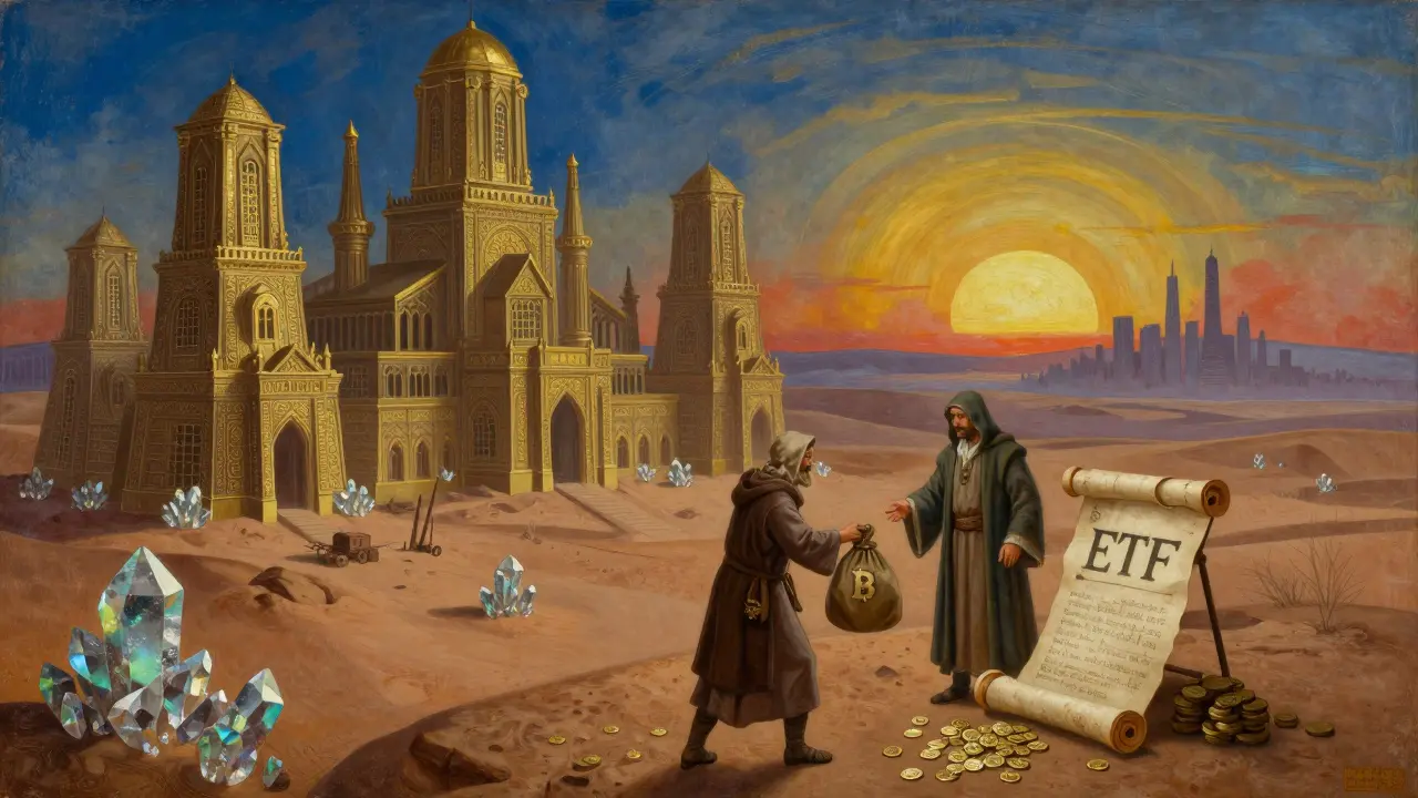 Темперная живопись: монастырские машины добывают Биткоины в пустыне, а финансирующий монах получает их через ETF.