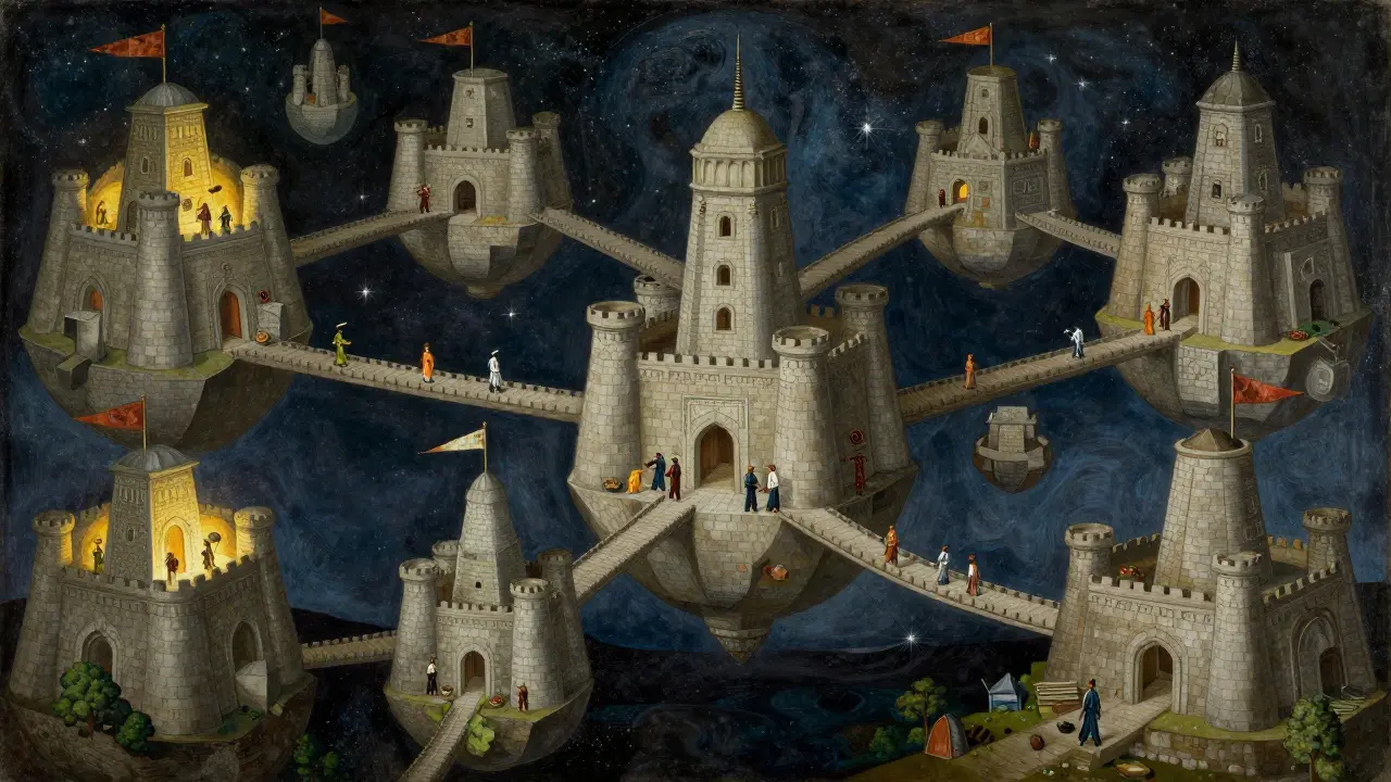 Темперная живопись: независимые города со своими стражами и путями.