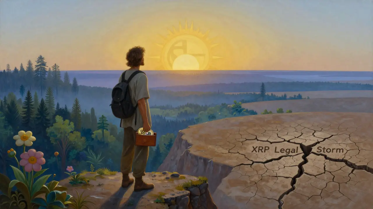 Темперная живопись: паломник на скале с кошельком, за ним — пейзаж, разделённый на зоны криптовалютного мира.