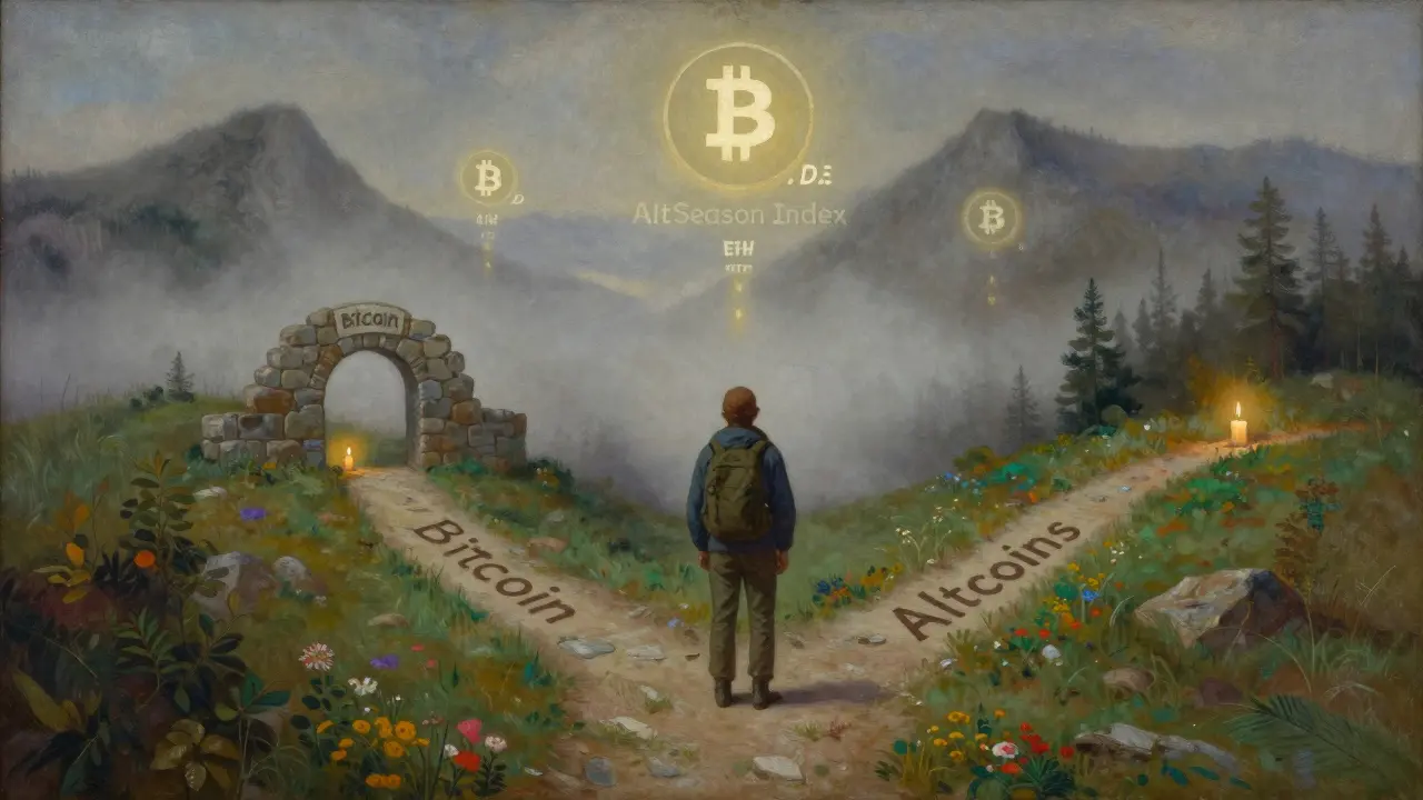 Темперная живопись: путник стоит на перепутье между Bitcoin и альткоинами, над ним светятся индикаторы.