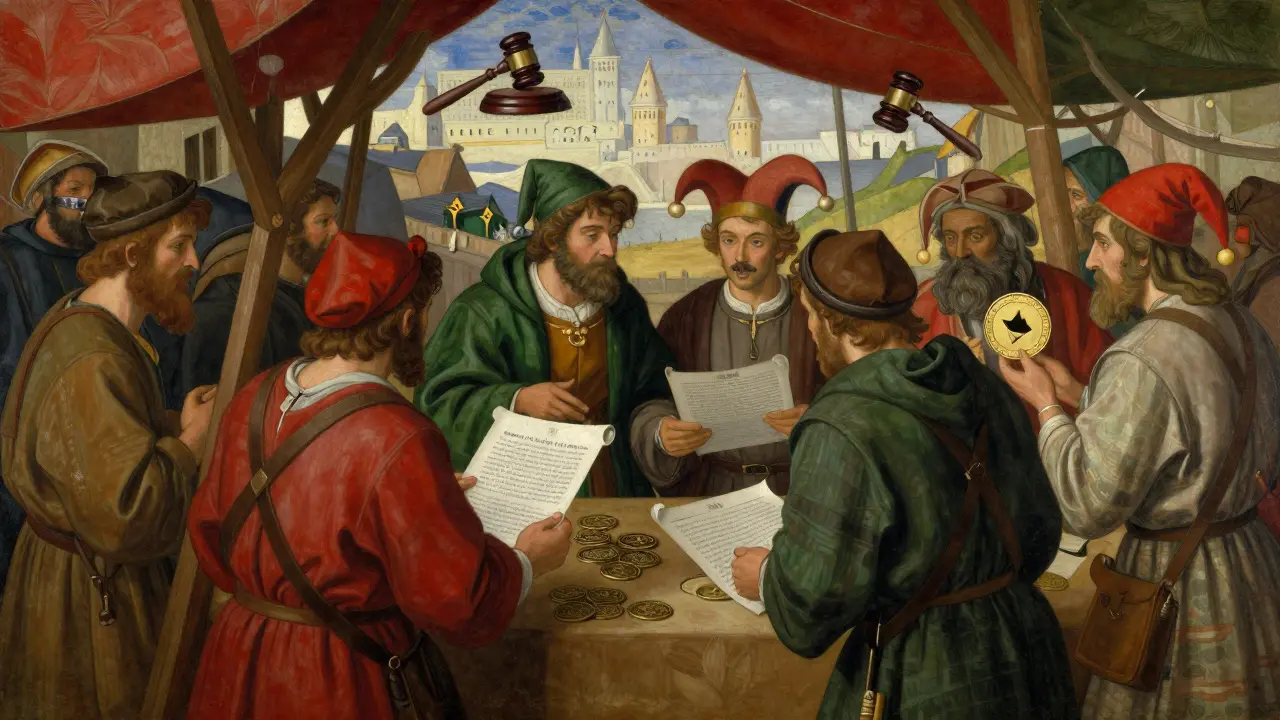 Темперная живопись: средневековый рынок с торговцами, обменивающими стейблкоины и цифровые свитки.