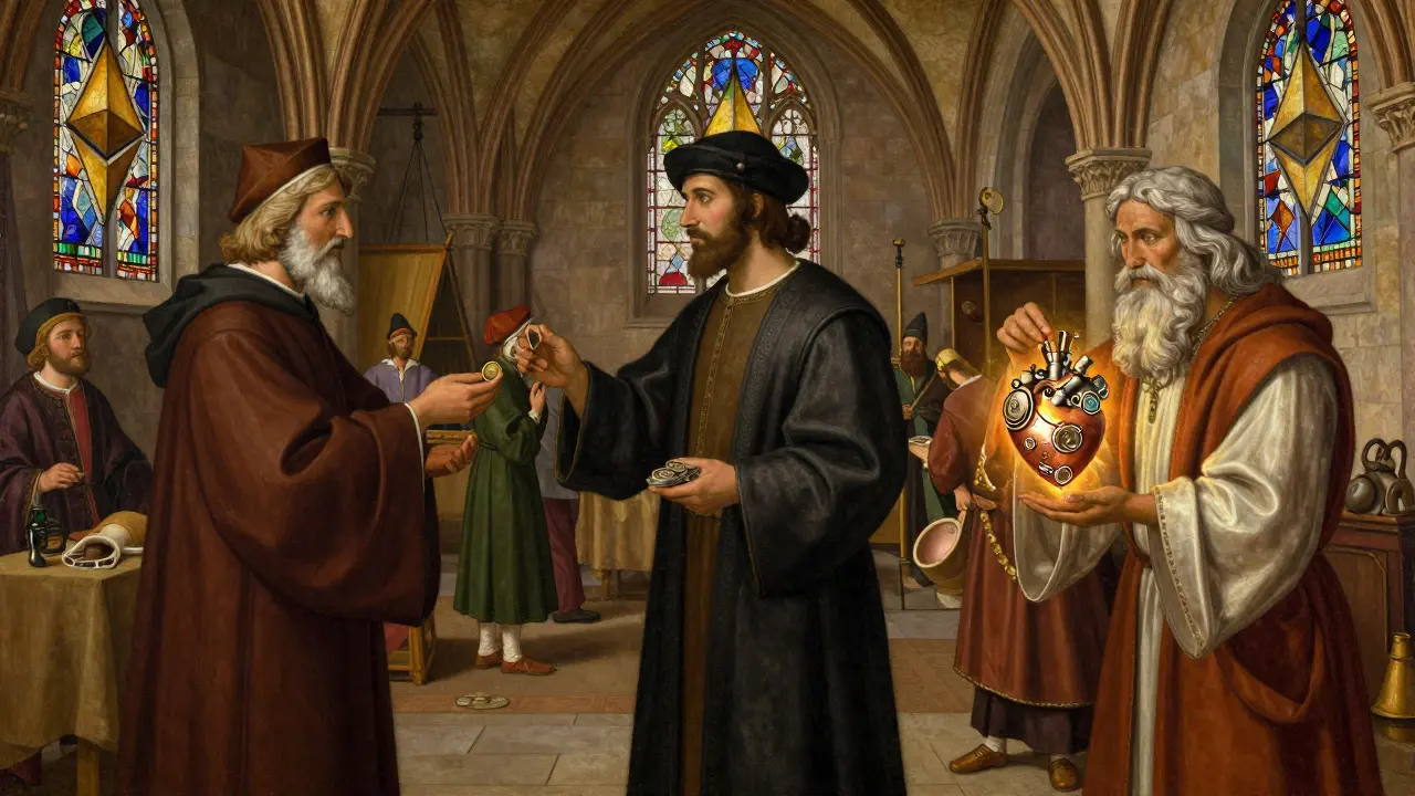 Темперная живопись: три фигуры изображают разные способы стейкинга ETH на средневековом рынке.