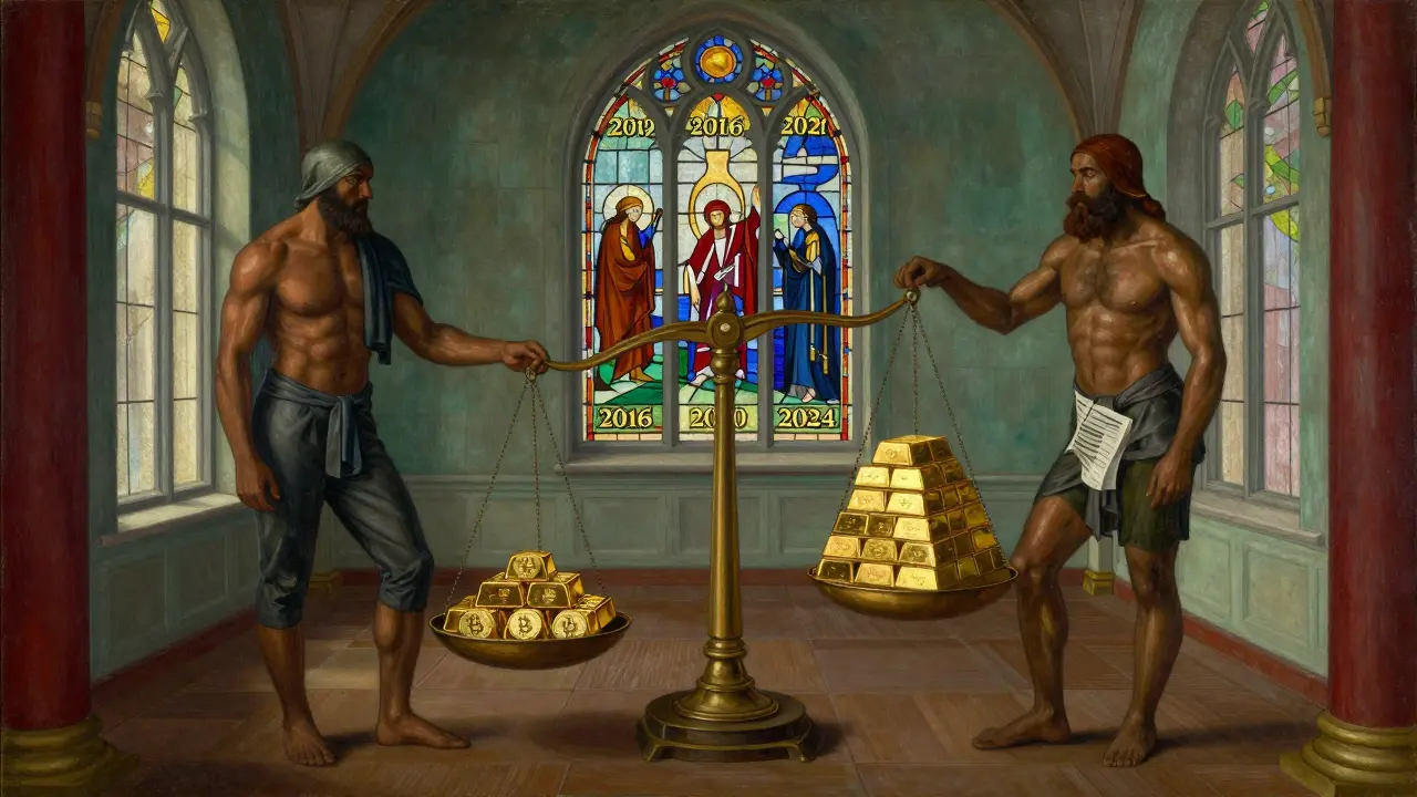 Темперная живопись: три фигуры стоят у весов с Биткоинами и золотом, за ними — витражи с историей халвингов.