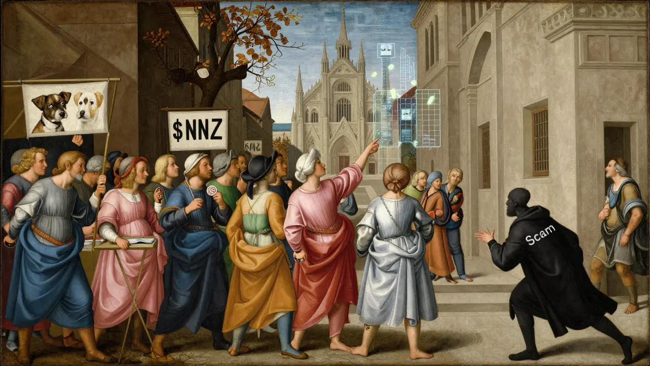 Толпа в ренессансном дворе торгует мем-токенами, один человек бежит от тени 'Скама', над ними — растущий цифровой график.
