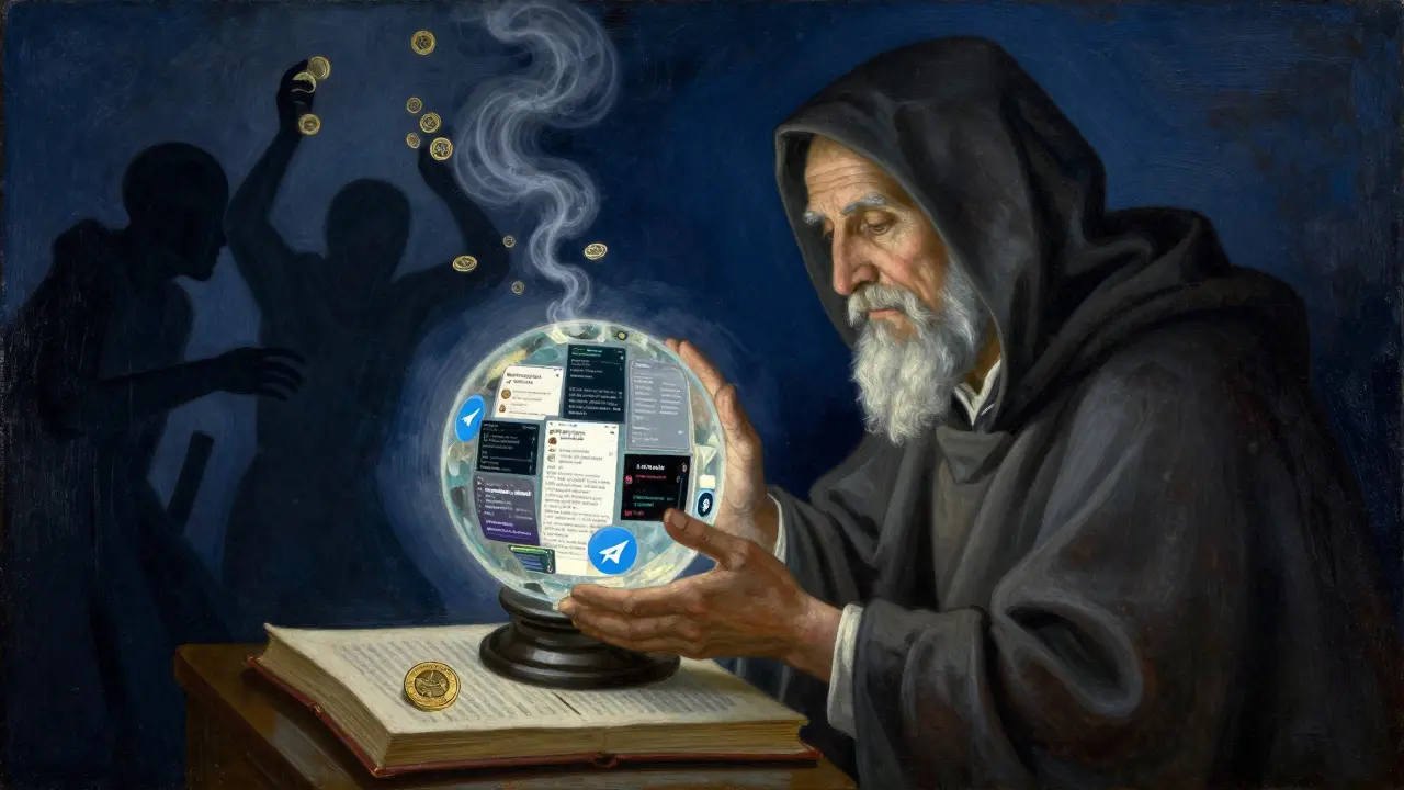 Традиционная живопись темперой: мудрец анализирует криптовалютные риски через кристалл, тени убегают с токенами.