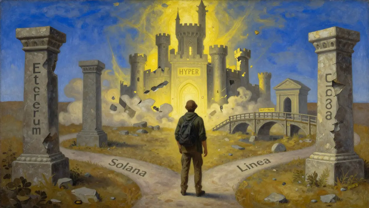 Традиционная живопись темперой: путник перед перекрестком блокчейнов, разрушающийся замок за спиной.