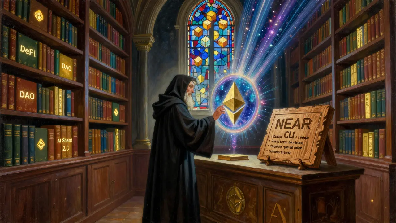 Великая библиотека блокчейн-знаний, ученый стоит перед порталом к Ethereum, держа в руке команду NEAR CLI, книги вокруг — DeFi, DAO, AI Shard.