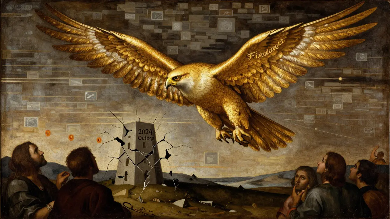 Золотой сокол Соланы над разрушенной блокчейн-башней, символизирующий скорость и нестабильность.