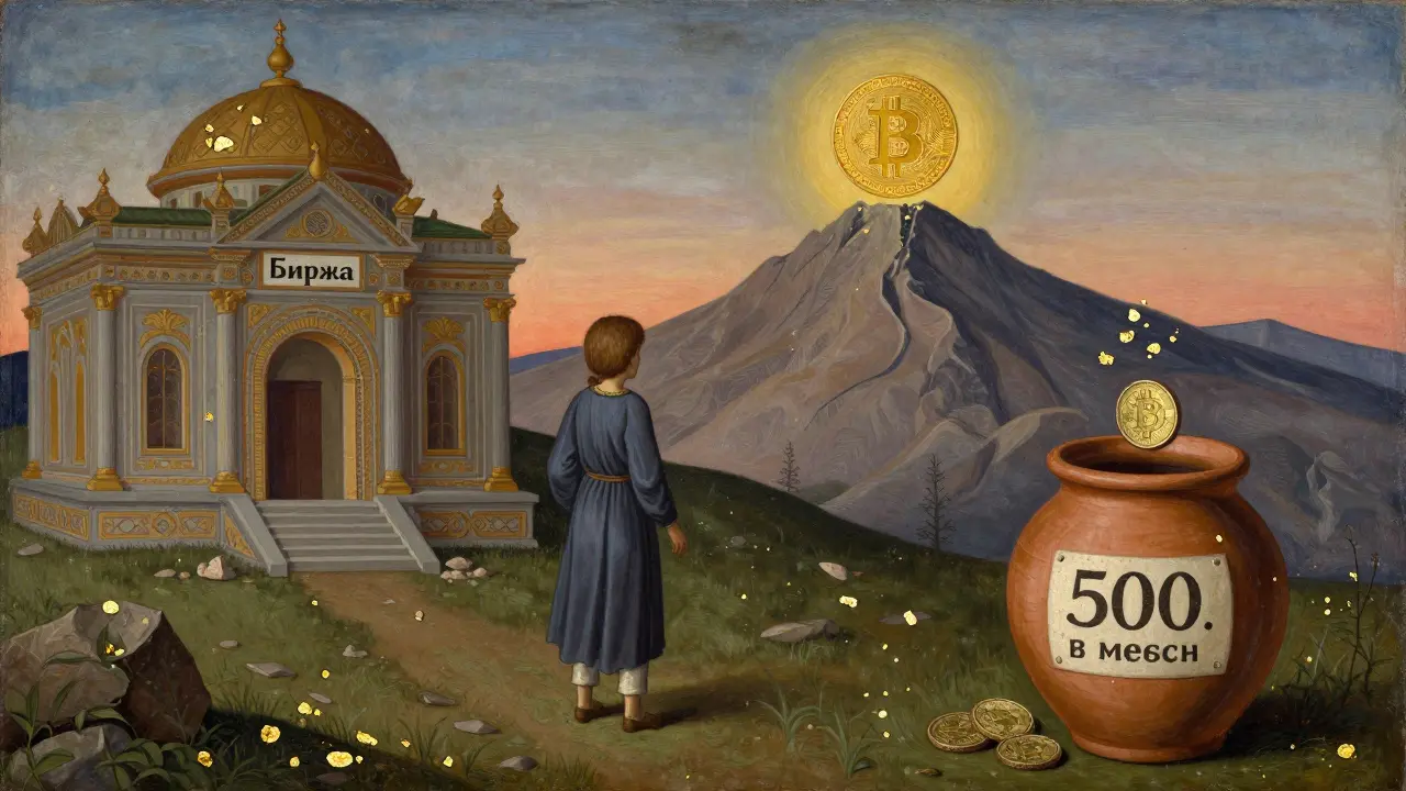 Человек уходит от биржи к горе с золотым Bitcoin, ребёнок кладёт монету в кувшин, в стиле темперной живописи.