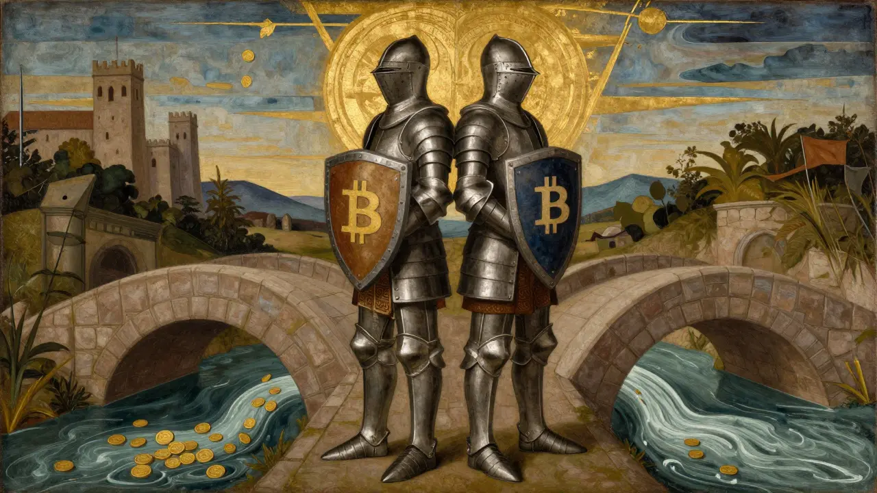 Два рыцаря стоят на раздвоенном мосту, держа щиты с логотипами Bitcoin и Bitcoin Cash.