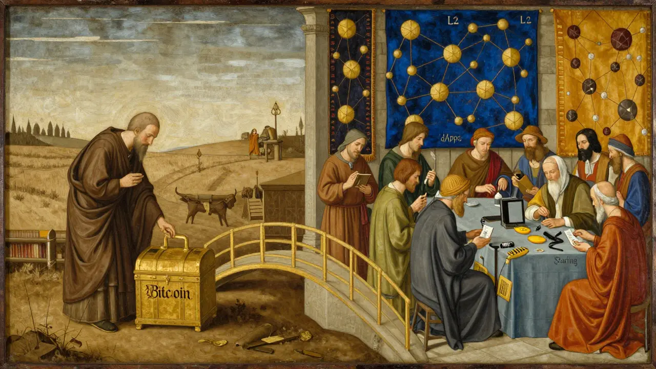 Двухпанельная сцена: одинокий монах с сейфом слева и оживлённый центр инноваций справа, изображающие разные роли Биткоина и Эфириума.