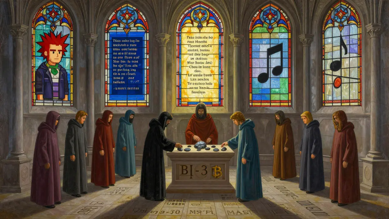 Храм из блокчейна с витражами NFT, фигуры кладут сатоши на алтарь, темперная живопись.