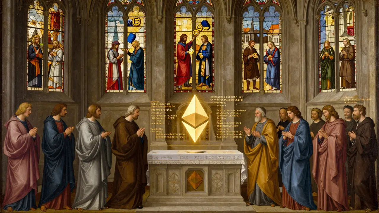 Храм с витражами, изображающими цифровые транзакции Ethereum, в стиле ренессансной живописи.