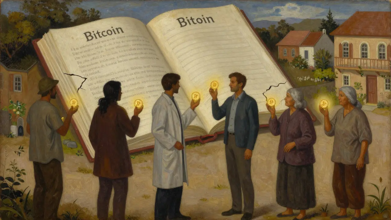 Люди в деревне держат одинаковые монеты Monero, в то время как биржевой реестр лежит сломанный и забытый.