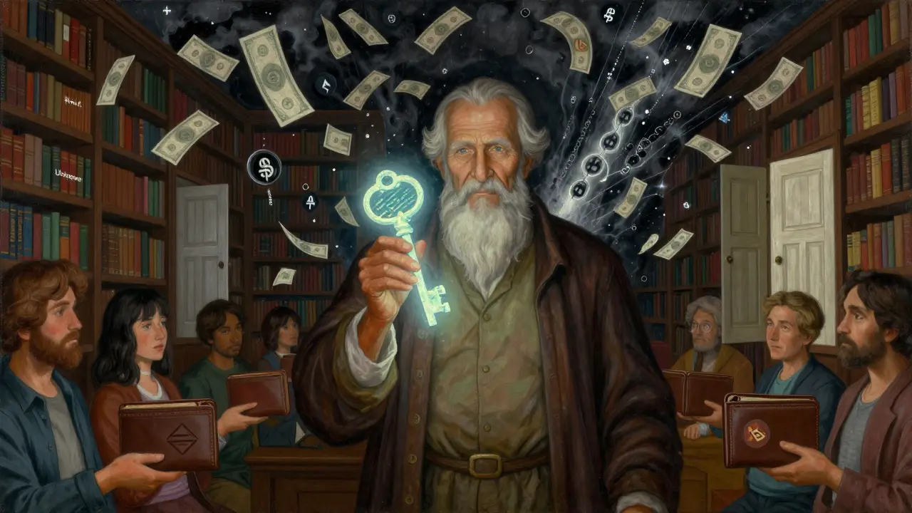Мудрый старец держит ключ из кода перед библиотекой криптовалют, а хаос позади рассеивается.