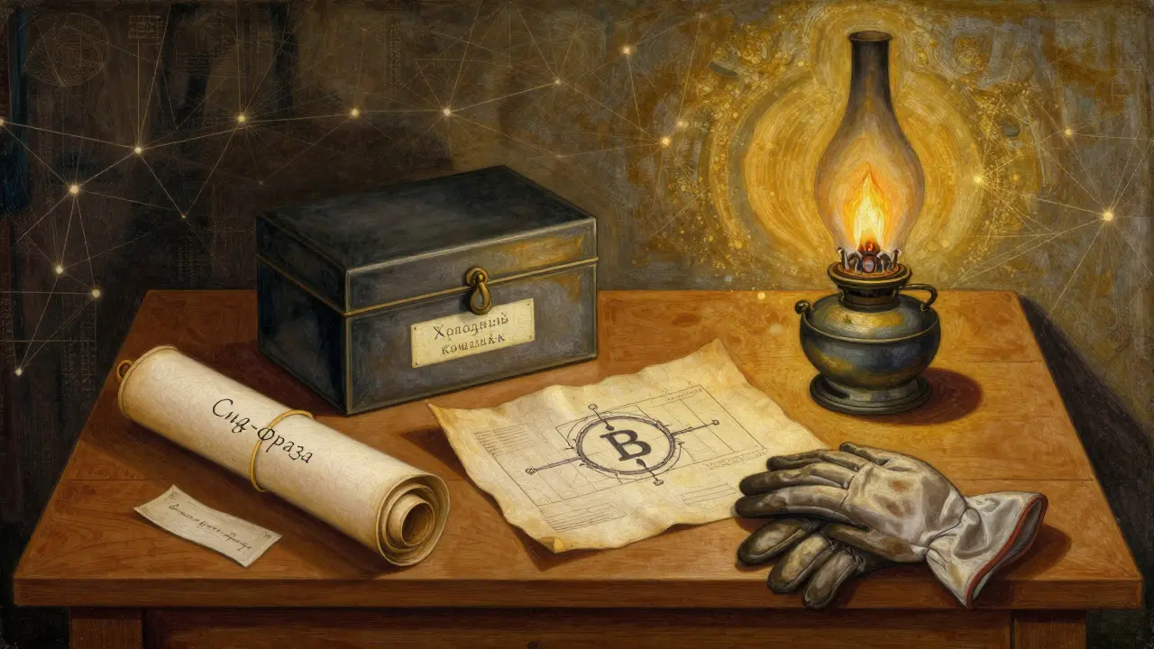 На деревянном столе — сид-фраза в свитке, холодный кошелёк и лампа, освещающая блокчейн, в стиле темперной живописи.