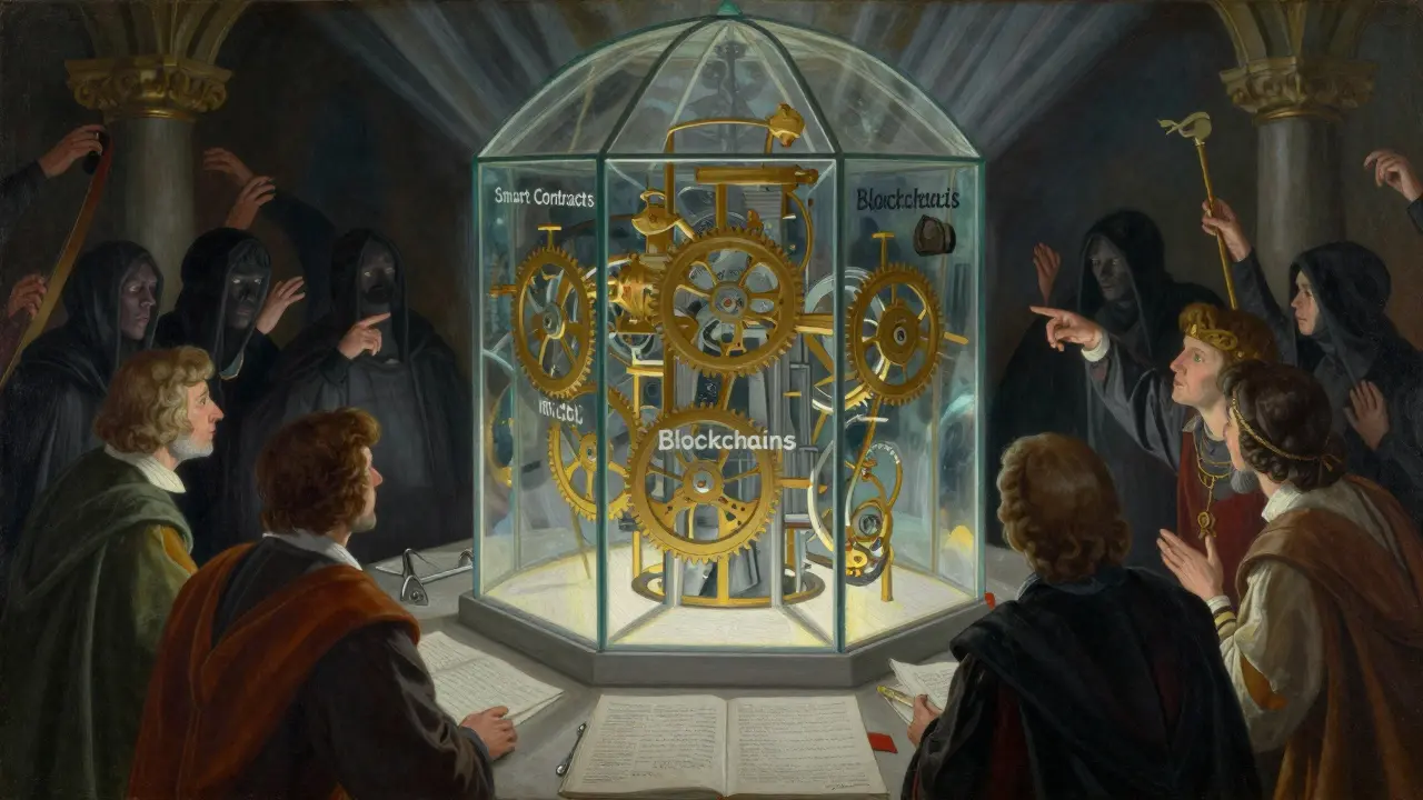 Прозрачный замок из стекла с внутренними механизмами блокчейна, освещенный светом доверия.