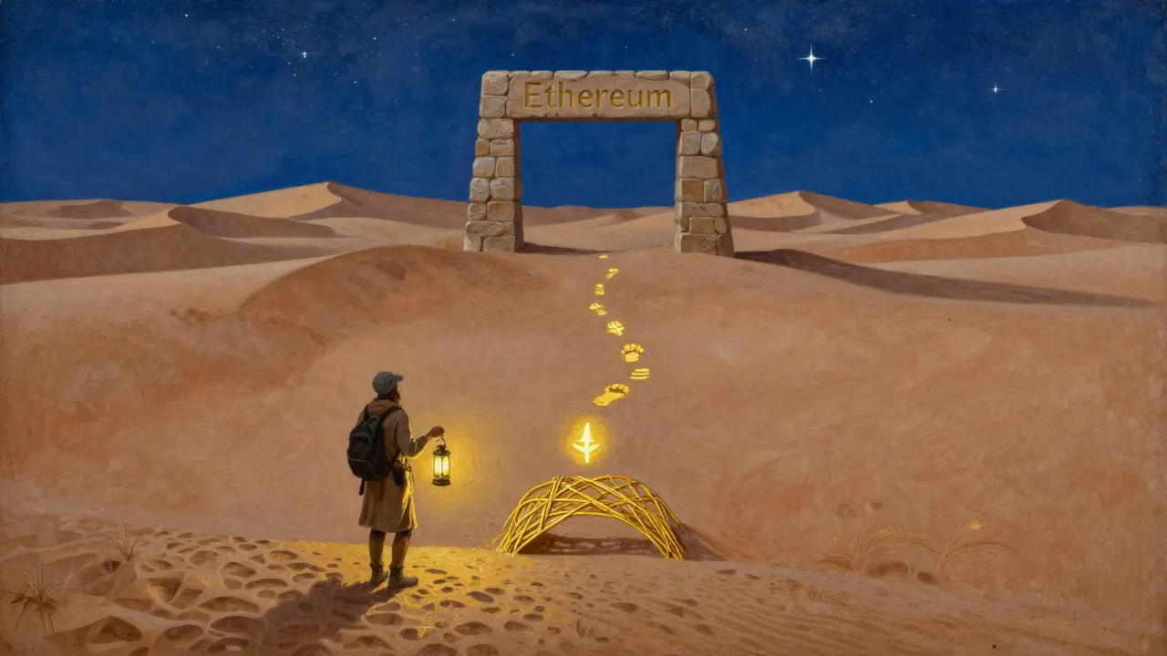 Путешественник в пустыне с песчаными дюнами, формирующими блокчейн, направляется к арке с надписью Ethereum.