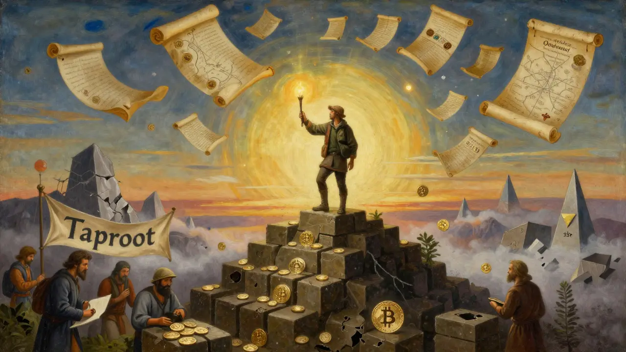 Путник на горе из блоков Bitcoin держит факел, вокруг — парящие Ordinals, Ethereum тонет в тумане, темперная живопись.