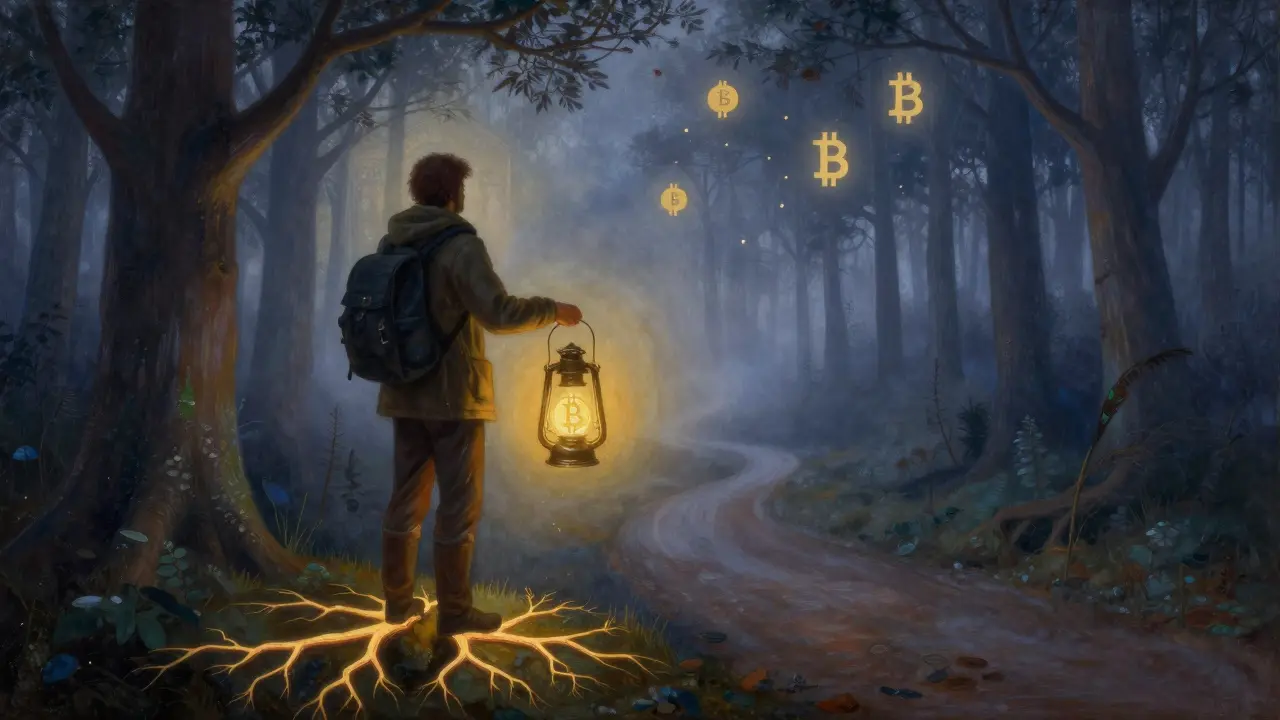 Путник с фонарем-кошельком стоит на пути через цифровой лес, корни образуют блокчейн, вдали — символы криптовалют.