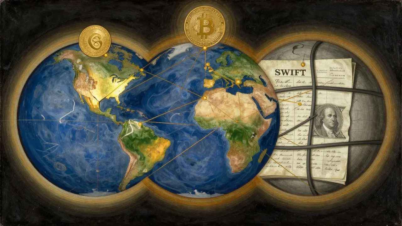 Разделённый глобус с цифровыми валютами, криптовалютами и банковскими системами, соединёнными золотыми нитями.