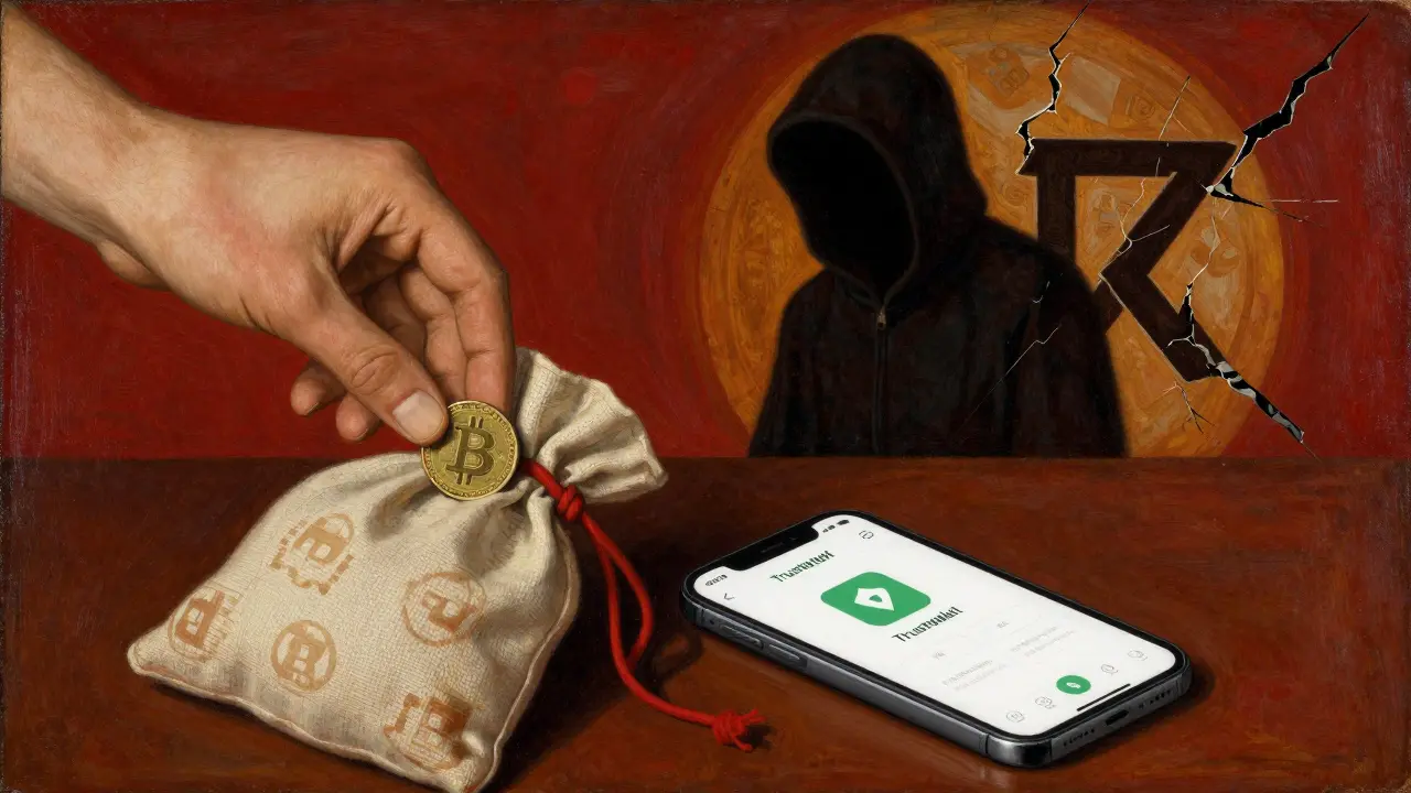 Рука кладет USDT в мешочек, рядом телефон с кошельком, тень мошенника исчезает в тени.