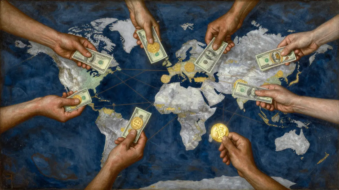 Руки разных народов обмениваются светящимися криптовалютными токенами по всему миру, изображённые в стиле темперы.